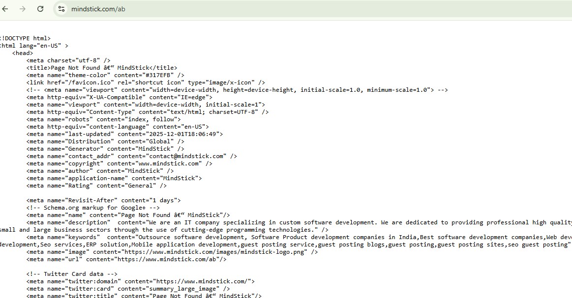 Why Is MindStick Showing Raw Source Code Instead of a 404 Page? Is It Safe?
