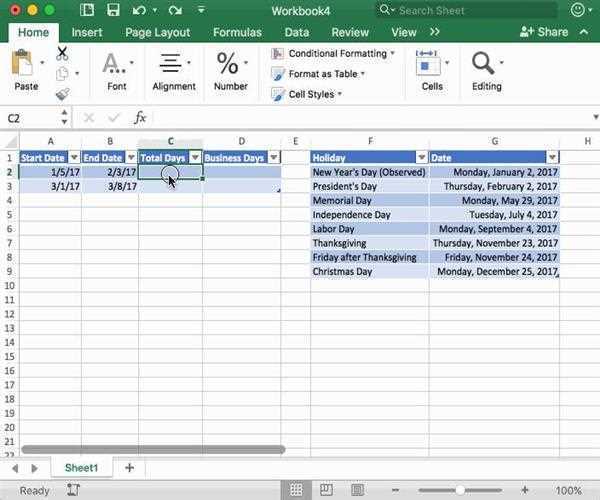Count Workdays between Two Dates in Excel