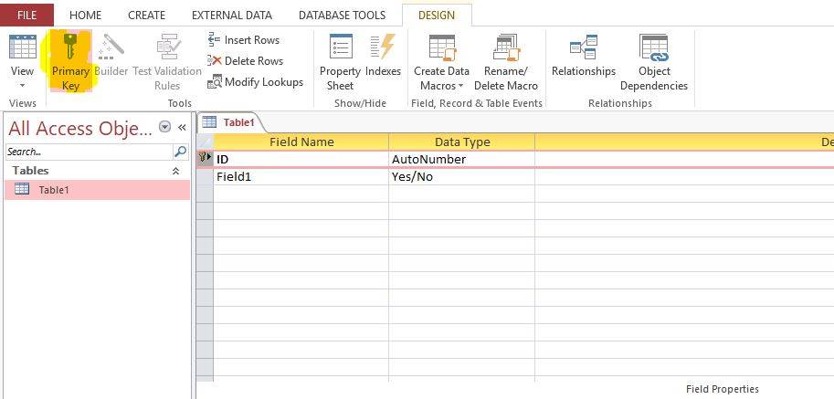 how to create primary key in access database.